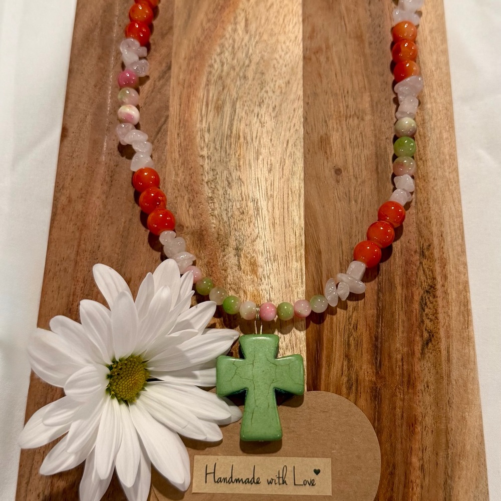 Colorful Beaded Necklace with Green Cross Pendant